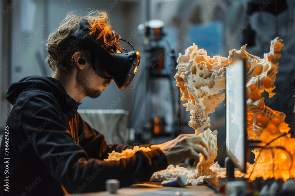 Artist with VR headset sculpting 3D model