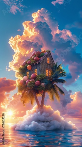Fantasy Summer Retreat: House on Cloud Above Ocean with Sunset and Palm Tree © Ryzhkov