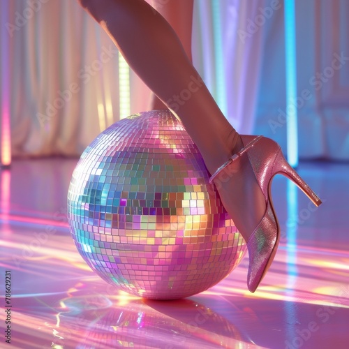 Young Woman Dancing at a Disco Party, Shiny High Heels and Disco Ball on Dance Floor photo