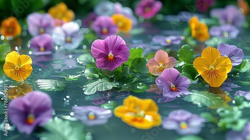  A collection of blooms atop a water surface, their leaves and petals gently afloat photo