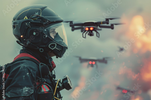 Wallpaper Mural Rescue worker with helmet and drones in disaster zone Torontodigital.ca