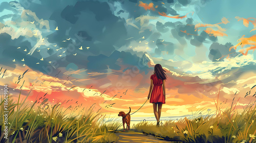 Illustration. A girl walks with a dog © Svetlana