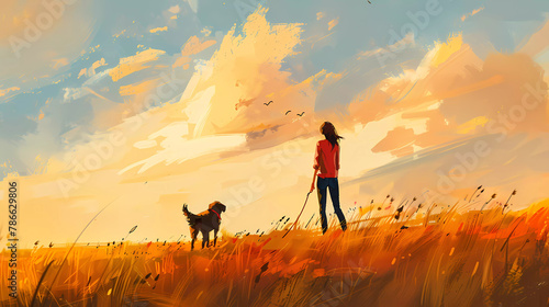 Illustration. A girl walks with a dog