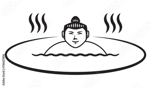 Line art vector of smiling Japanese wide body man or Sumo man in hot spring or Japanese onsen drawing in black and white
