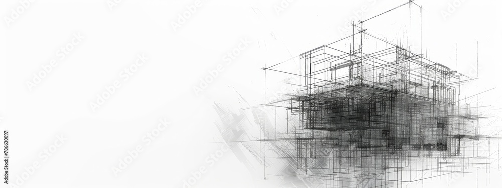 Abstract architectural sketch of a building in black and white. Concept for architectural design, planning, and conceptual development. Abstract architectural sketch of a building in black and white. Concept for architectural design, planning, and conceptual development.