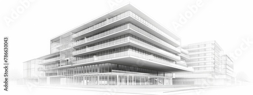 Abstract architectural concept of a modern building with transparent overlay of plans and sketches