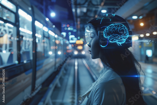 Woman at subway station with brainwave helmet