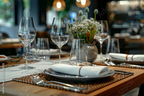 Elegant luxury table setting with fancy glassware in restaurant