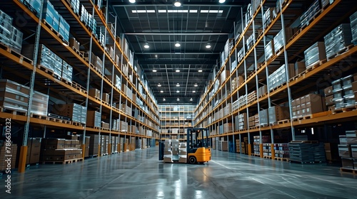 Efficient Modern Warehouse Storing Retail Goods with Organized Shelving System and Pallet Truck for Logistics photo
