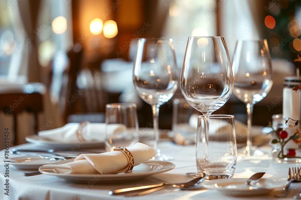Luxury table setting, fancy glassware in restaurant Luxury table setting, fancy glassware in restaurant