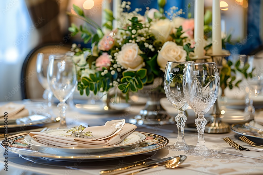 Elegant luxury table setting with fancy glassware in restaurant