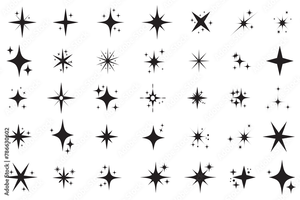 Shining star icon set. Set of twinkling star vector. Minimalist twinkle star shape symbols. Shining star icons, abstract sparkle black silhouettes. Modern geometric elements, Shining star icon set. Set of twinkling star vector. Minimalist twinkle star shape symbols. Shining star icons, abstract sparkle black silhouettes. Modern geometric elements,