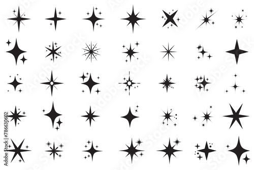 Shining star icon set. Set of twinkling star vector. Minimalist twinkle star shape symbols. Shining star icons, abstract sparkle black silhouettes. Modern geometric elements, 