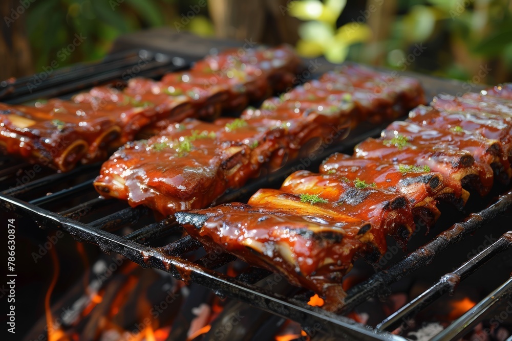 Delicious barbecue grilling outdoors on a sunny day. Delicious barbecue grilling outdoors on a sunny day.