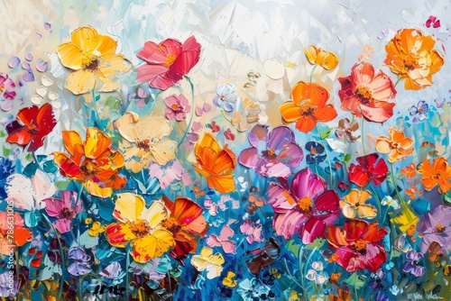 Abstract painting with colorful flowers on canvas, with an oil palette knife texture, on an acrylic background, in the style of impressionism, with vibrant colors, on a white and light blue background © LadiesWin