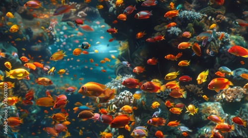  A sizable assembly of orange and yellow fish swim in an expansive aquarium teeming with corals and various multi-colored fish