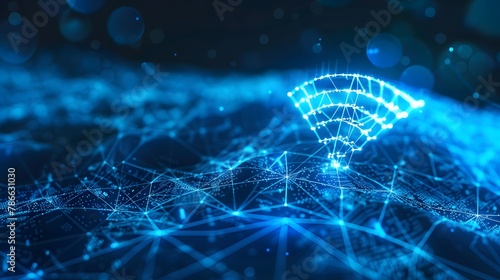 Abstract digital connectivity concept with glowing Wi-Fi symbol on blue background photo