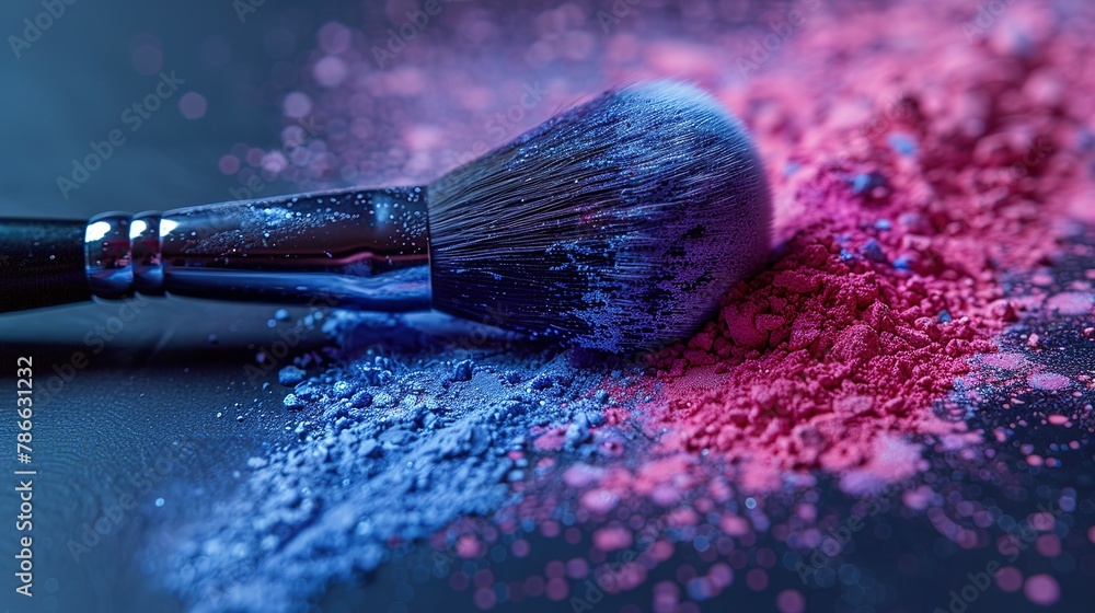 purple and blue powder splash and brush for makeup artist or graphic design in black background. purple and blue powder splash and brush for makeup artist or graphic design in black background.