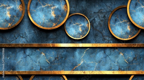  A blue and gold wall, adorned with gold frames; a separate blue marble wall, also embellished with gold frames, and an additional blue marble wall featuring gold trim around its edges