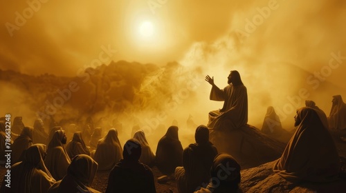 Silhouette of jesus preaching sermon on mountain top in ministry, biblical gospel teaching