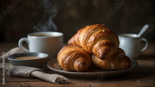A stack of freshly baked croissants next to a steaming cup of coffee on a rustic plate. 