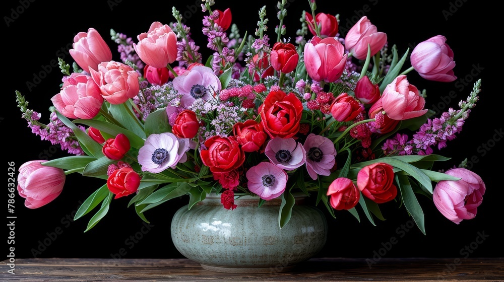 Fototapeta premium A vase, brimming with an abundance of pink and red blossoms, sits atop a weathered wooden table against a backdrop of unadorned blackness