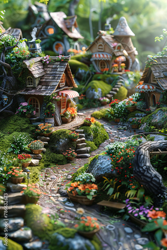 Enchanting Fairy Garden: Miniature Houses & Winding Pathways © Dustin