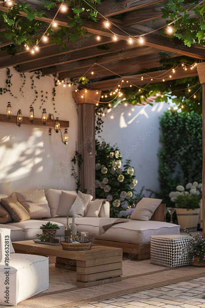 Inviting Outdoor Patio: Cozy Seating and String Lights