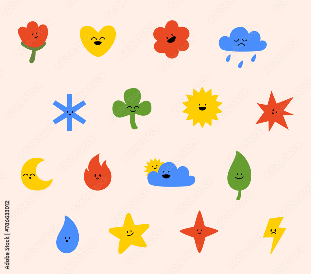 colored set of vector sticker 
 simple decorative elements. Various icons such as hearts, stars, speech bubbles, arrows, lines isolated on white background.