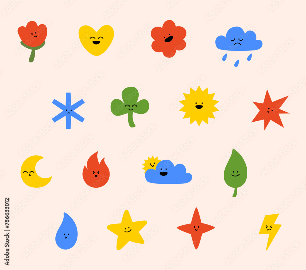 Fototapeta premium colored set of vector sticker simple decorative elements. Various icons such as hearts, stars, speech bubbles, arrows, lines isolated on white background.