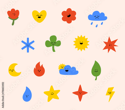 colored set of vector sticker   simple decorative elements. Various icons such as hearts  stars  speech bubbles  arrows  lines isolated on white background.