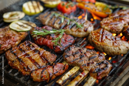 Delicious barbecue grilling outdoors on a sunny day.