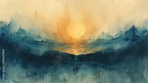 Sunrise hues gracefully blanket mountain silhouettes in watercolor photo