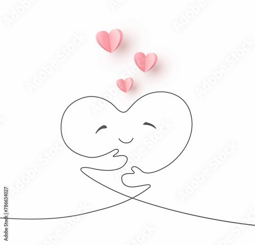 Heart with hands continuous one line contour on white background. Hug yourself and 3d paper pink signs. Vector symbols of love for Happy Children's, Mother's, Valentine's Day greeting card design
