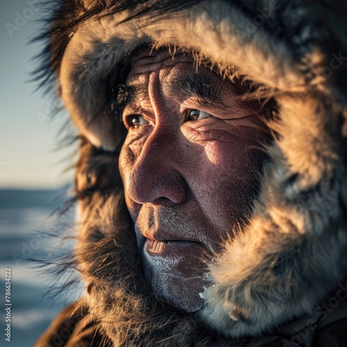 Photography,Sun light,Inuit fishing, image clearly focused on the face,North Pole.