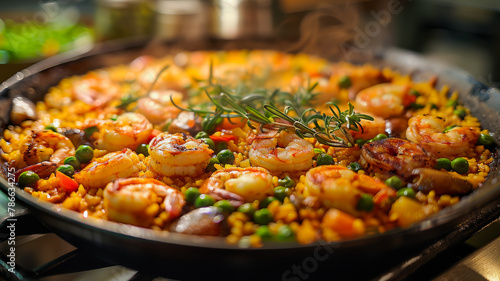 Fototapeta Naklejka Na Ścianę i Meble -  A Traditional Seafood Paella at a Seaside Tavern