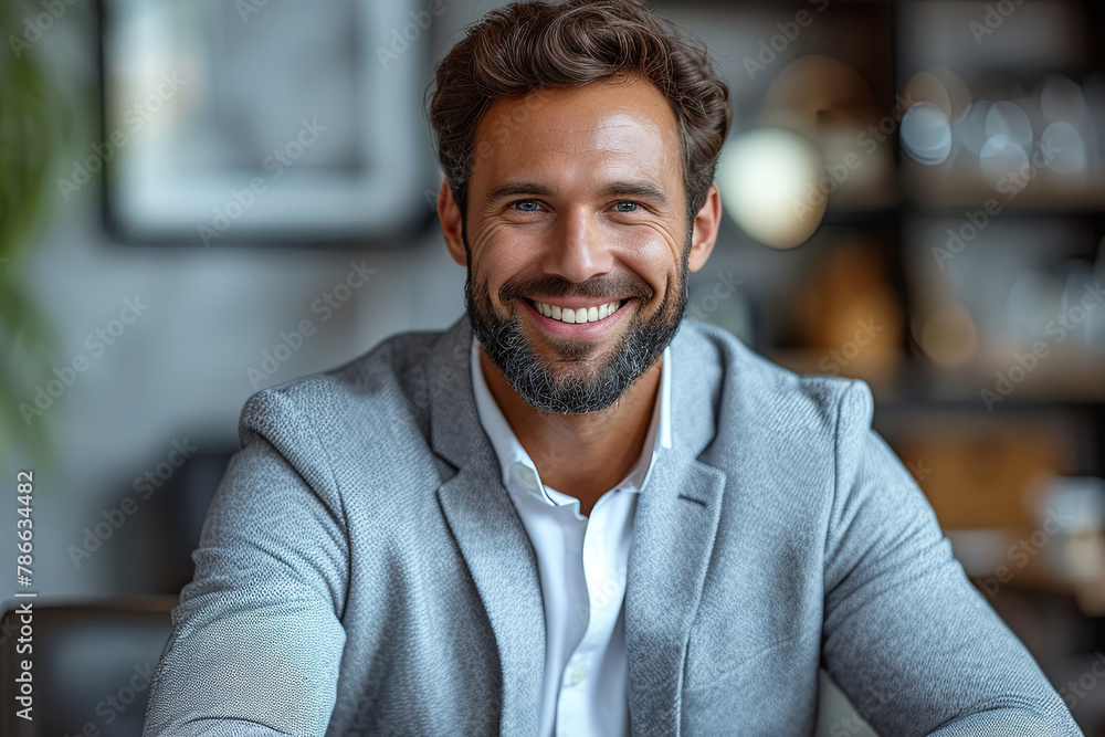 Man in a gray jacket and a white shirt is smiling and sitting in his office Man in a gray jacket and a white shirt is smiling and sitting in his office