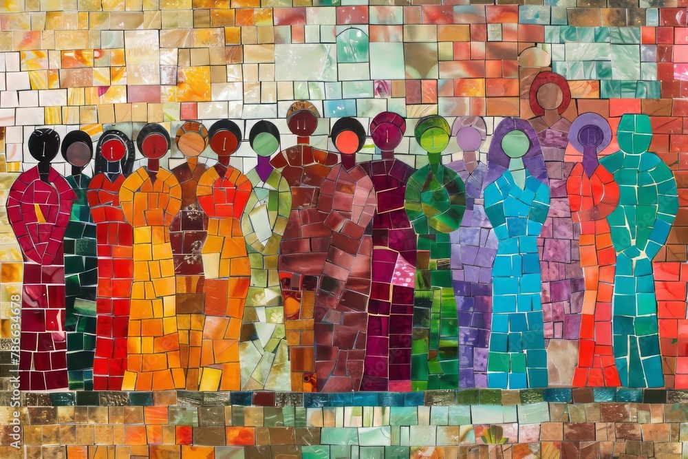 A mosaic painting of diverse people from around the world, standing together in unity and harmony, symbolizing global sisterhood. Vibrant colors, with earthy tones representing nature's beauty