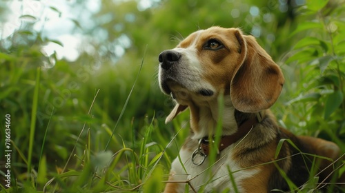 A dog sitting peacefully in tall grass. Suitable for pet care advertisements photo