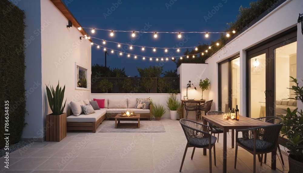 View over cosy outdoor terrace in bright colours 