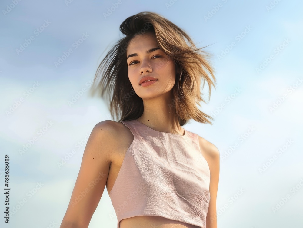 Portrait of a Woman with Wind-Swept Hair and Sky Background. Generative AI. Portrait of a Woman with Wind-Swept Hair and Sky Background. Generative AI.