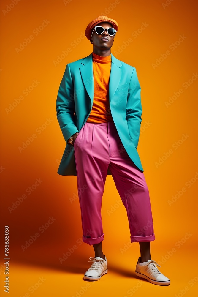 Stylish and Confident Man in Colorful Urban Fashion Posing in Studio Stylish and Confident Man in Colorful Urban Fashion Posing in Studio