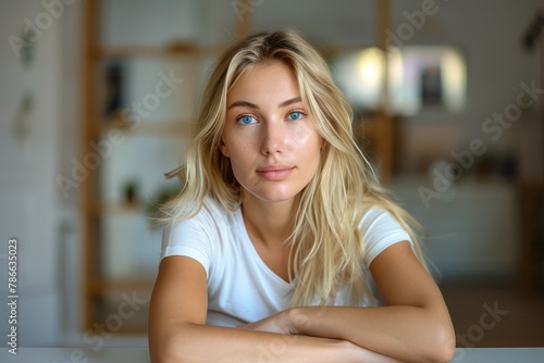 Portrait of a Pensive Blonde Lady in White. Generative AI.