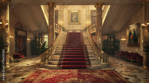 Art Deco grand hotel staircase sweeping marble floors with a lush red carpet adorned with elegant paintings and majestic pillars Hazy diffused backlighting photo