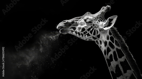  A monochrome image of a giraffe's head with steam escaping from its nostrils