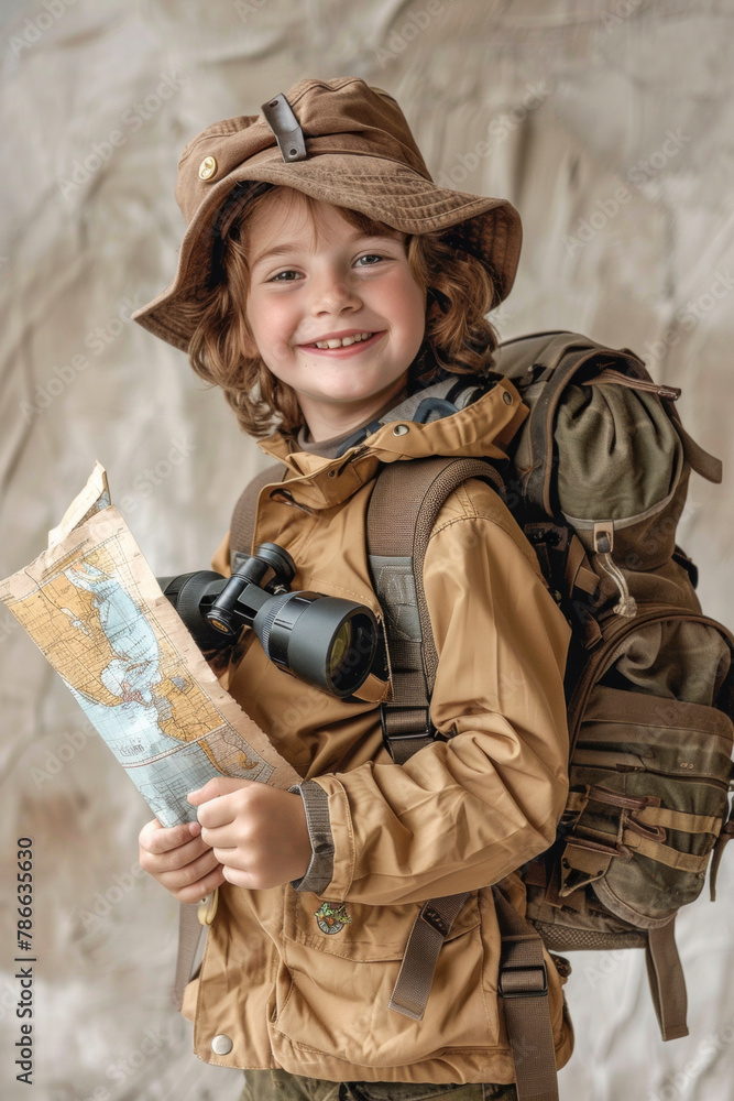 Studio Portrait of Boy with Backpack and Binoculars Studio Portrait of Boy with Backpack and Binoculars
