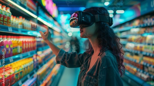 Woman wearing virtual reality glasses shopping at supermarket, new modern technology of integrated reality Online shopping and ecommerce concept.