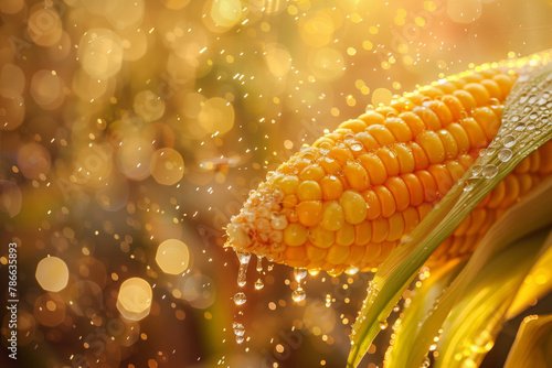 Corn cob with splashes of water on yellow background
