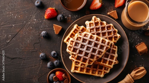 Top view composition of tasty waffles for breakfast
