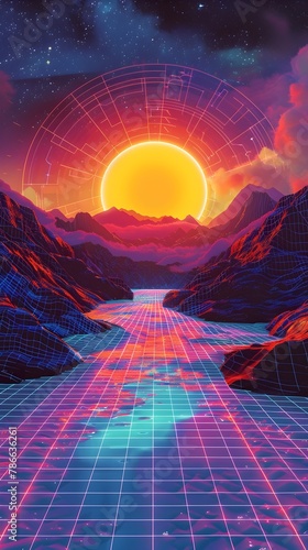 Neon Grid Landscape: A Radiant, Surreal Retro-Futuristic Scene Infused with Vibrant Colors and Geometric Elements